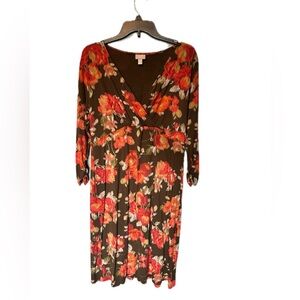 J Jill Brown Floral Print Stretch Rayon Midi Dress Womens Size Medium Fall Wrap